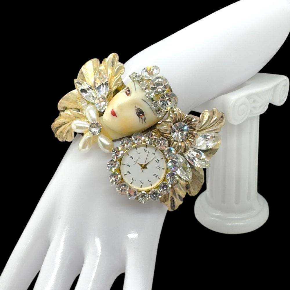 Vintage Jewel Embellished Lady Face Faux Watch Clamper Bracelet